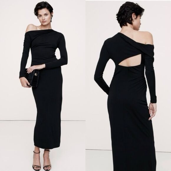 NWT Banana Republic Jersey Maxi Black Dress Asymmetrical Knit Draped Size XXS - Picture 1 of 5